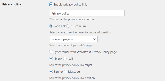 Enable privacy policy link