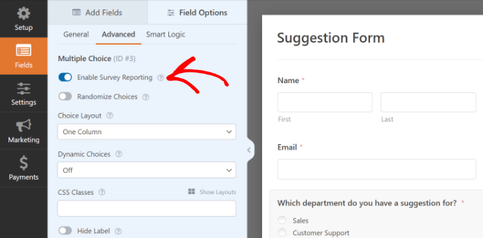 Enable survey reporting option for individual fields