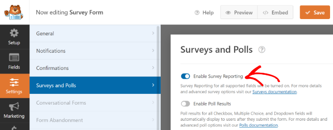 Enable survey reporting option