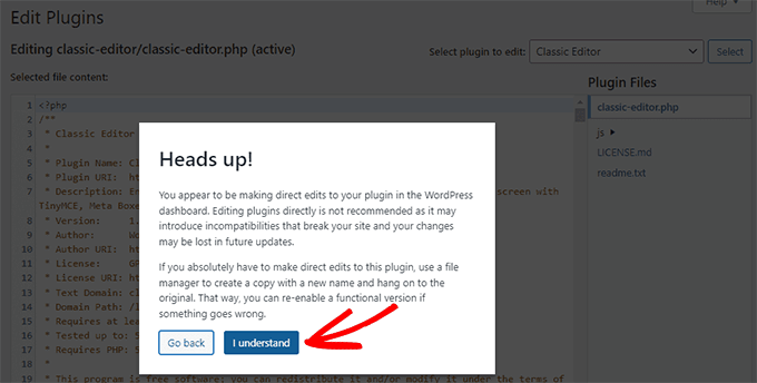 Aviso de alerta na ferramenta do editor de plug-ins