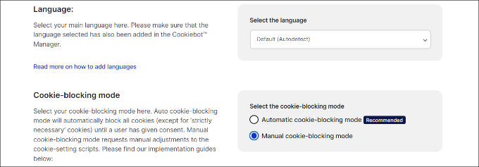 Select language and cookie blocking settings