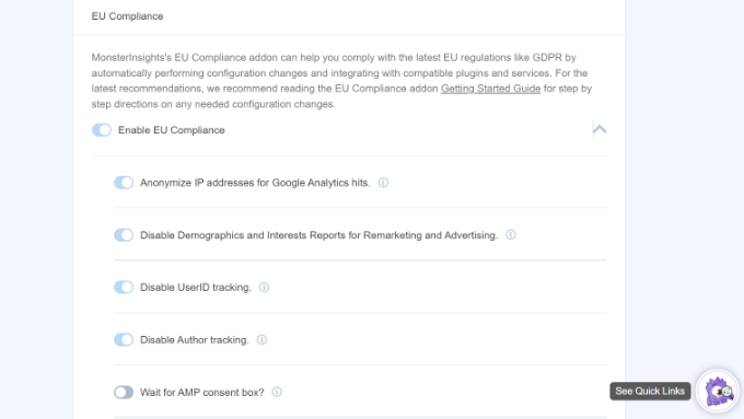 View EU compliance settings in MonsterInsights