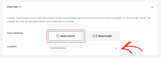 WPCode's auto insert code feature