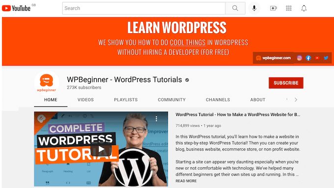The WPBeginner YouTube channel