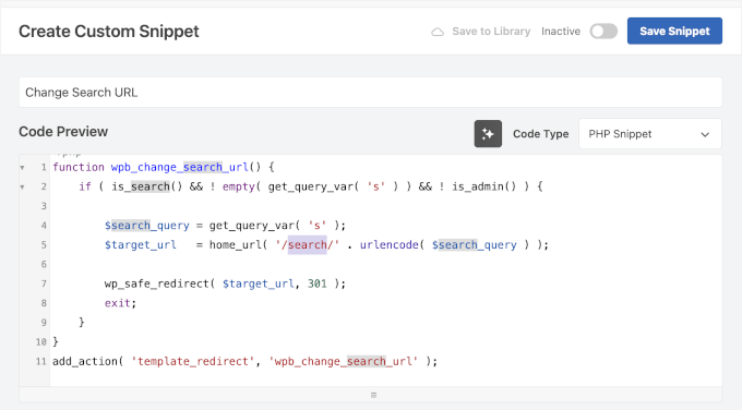 Custom change search URL code preview