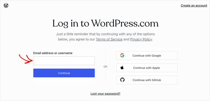 WordPress app login screen Log in to WordPress in the WordPress Desktop App