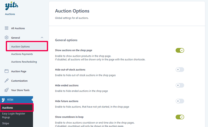 YITH auction settings
