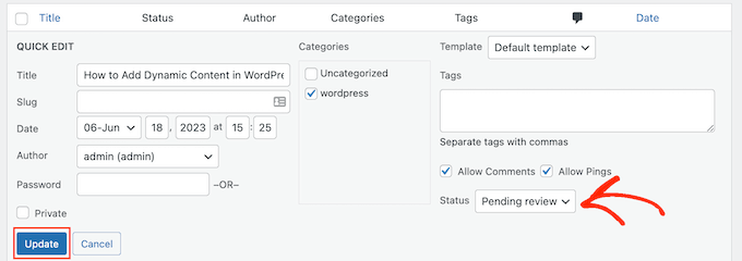 Changing a page or post status using the Quick Edit settings