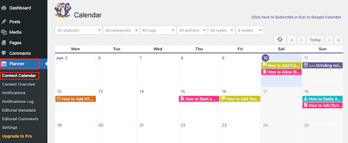 WordPress 内容日历的示例