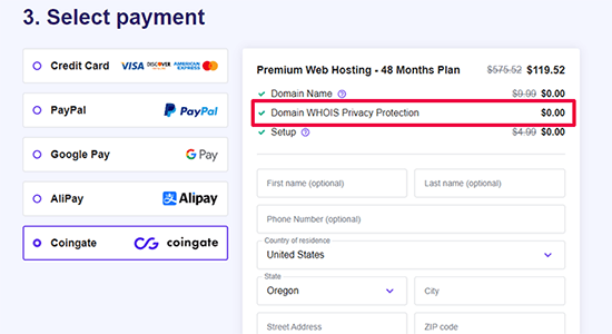 Hostinger domain privacy included during checkout