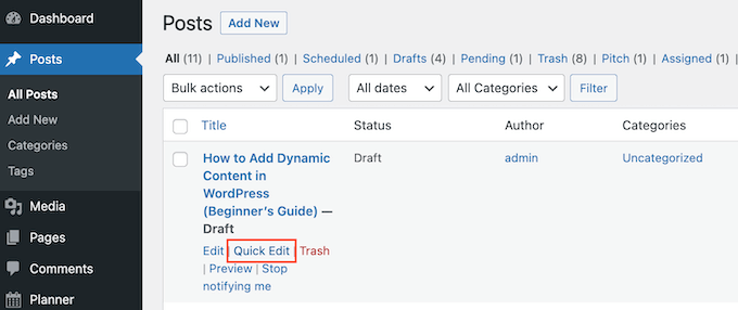 Changing a post's publication status using the Quick Edit settings