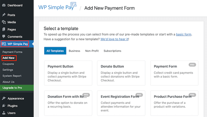 创建新的 WP Simple Pay 表单