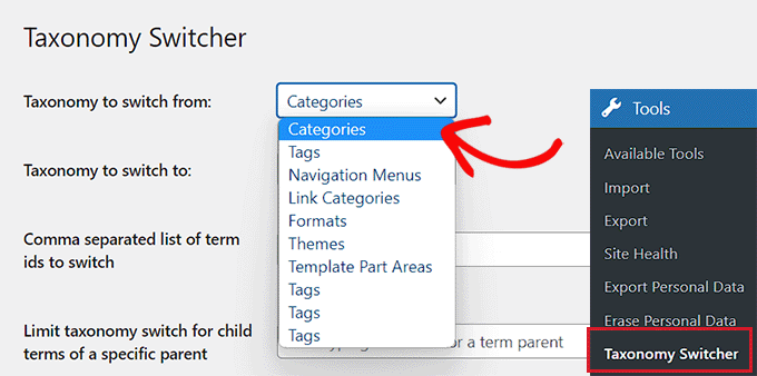 Choose categories option from the Taxonomy to switch from dropdown menu
