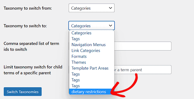 Choose your custom taxonomy from the dropdown menu
