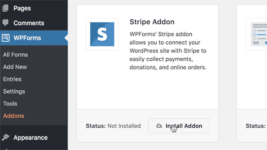 Install Stripe addon for WPForms