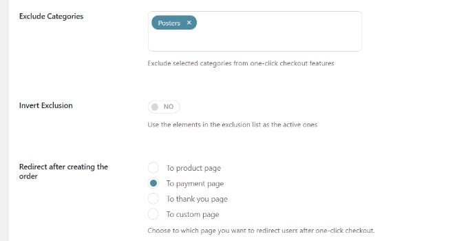 More general settings for one click checkout