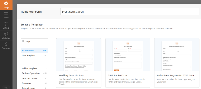 Select event registration form template