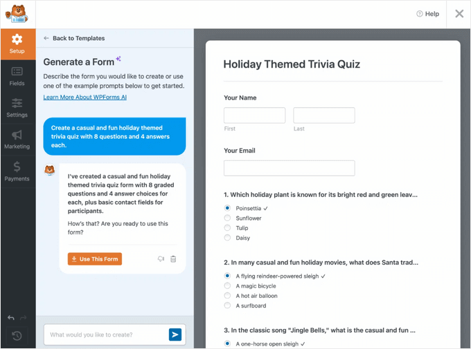 WPForms' AI quiz building