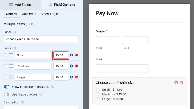Adding prices to your WPForms credit card template
