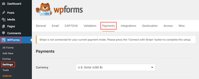 WPForms' payment settings