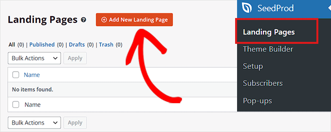 Click the Add New Landing Page button