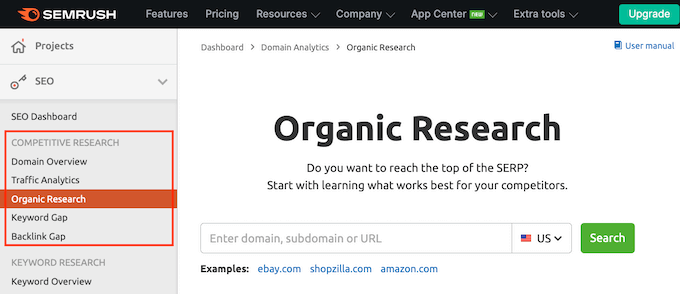 Semrush's competitor research section