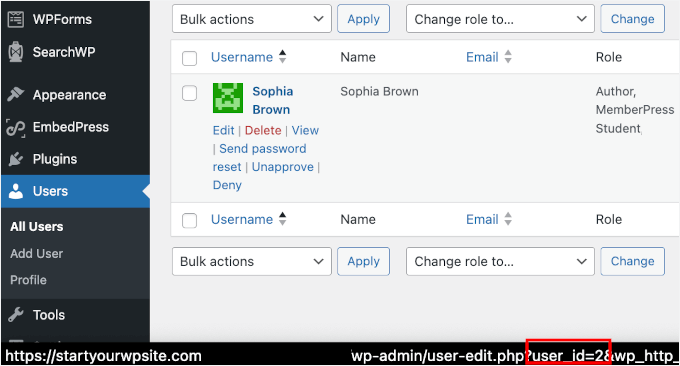 Trovare l'ID utente passando il mouse sul nome dell'utente