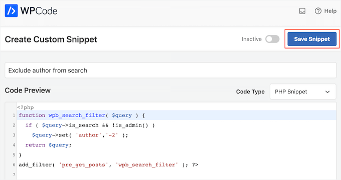 Salvataggio di uno snippet di codice WordPress WPCode