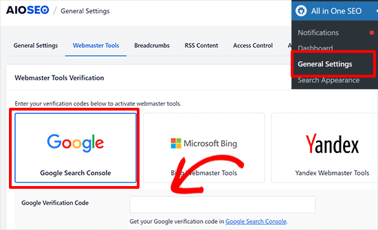 Add Google Search Console verification code in All in One SEO