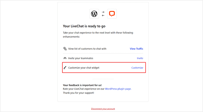 Klicka på länken Anpassa för att börja anpassa din LiveChat-widget Klicka på länken Anpassa för att börja anpassa din LiveChat-widget