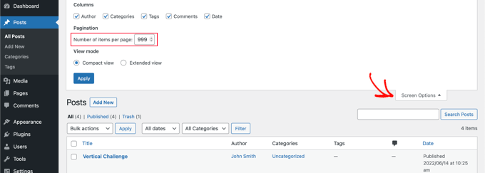 Use Screen Options to Display 999 Posts at a Time
