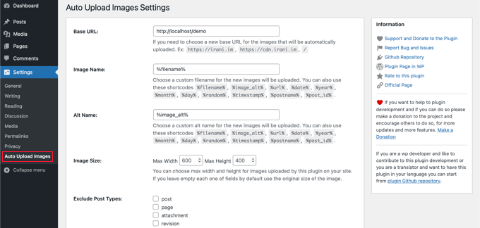 The Auto Upload Images Settings Page