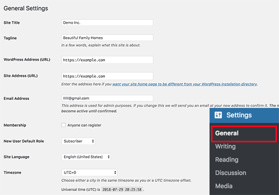 Change title, tagline, and timezone settings