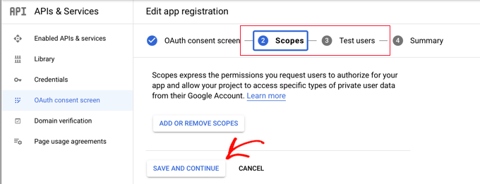 Click Save and Continue on the Scopes and Test Users Pages