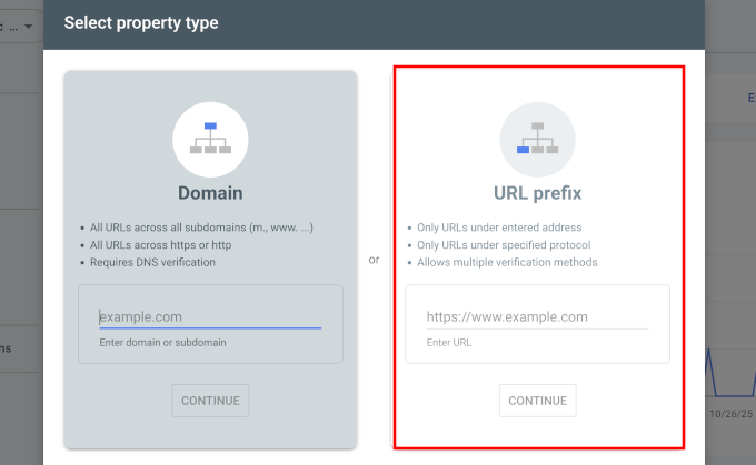 Select propety type option in Google Search Console