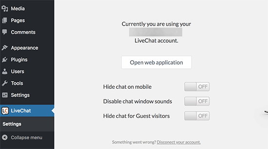 LiveChat WordPress settings