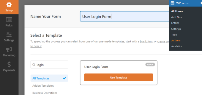 Select the user login form template