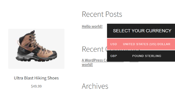 WooCommerce currency converter preview