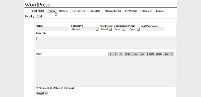 Post editor in the first release of WordPress