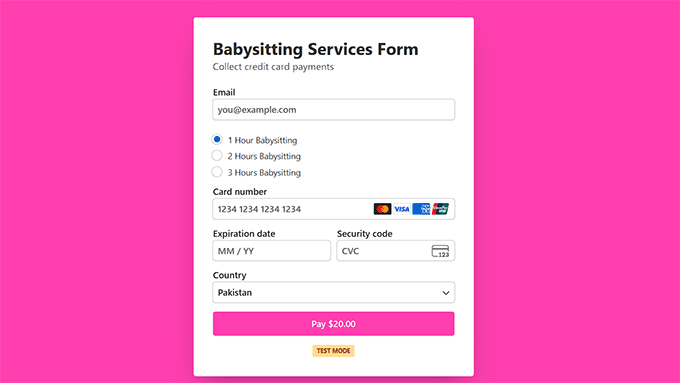 Babysitting services form preview in WP Simple Pay