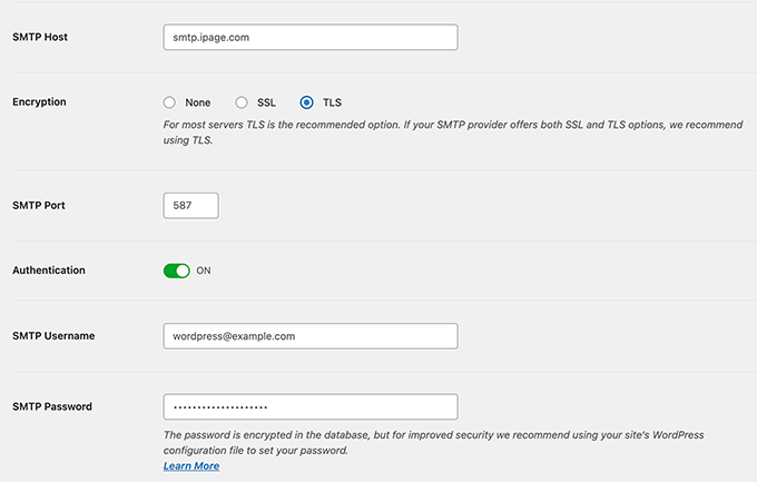 iPage SMTP settings for WP Mail SMTP