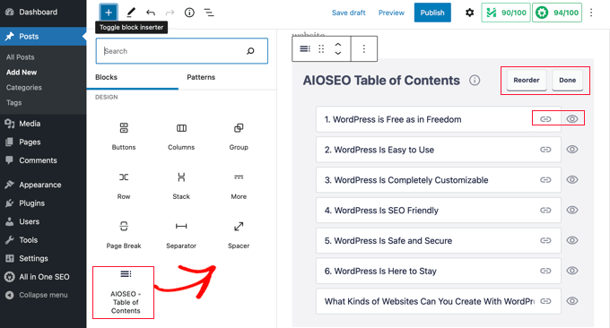 Add an AIOSEO Table of Contents Block to the Post or Page