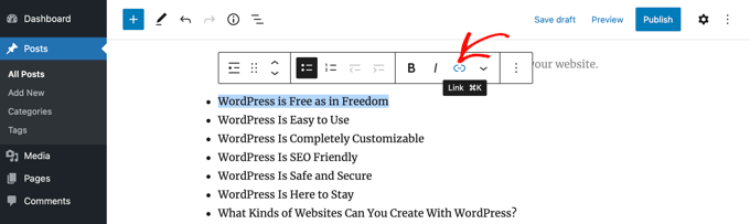 Highlight the heading text and click the link icon.