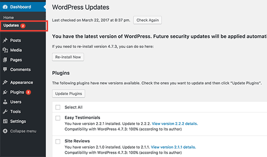 WordPress 管理区域中的更新页面