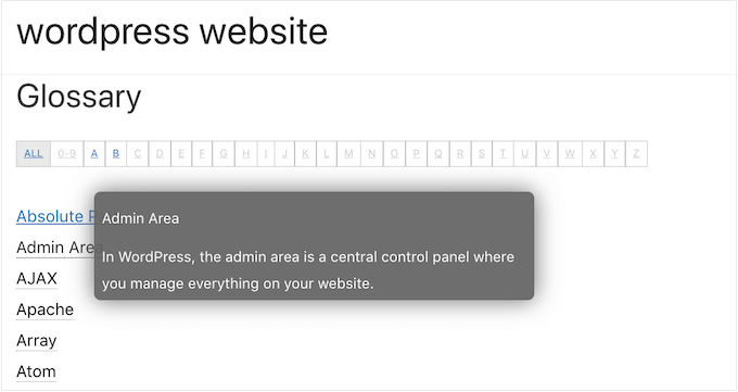 An example of a WordPress glossary
