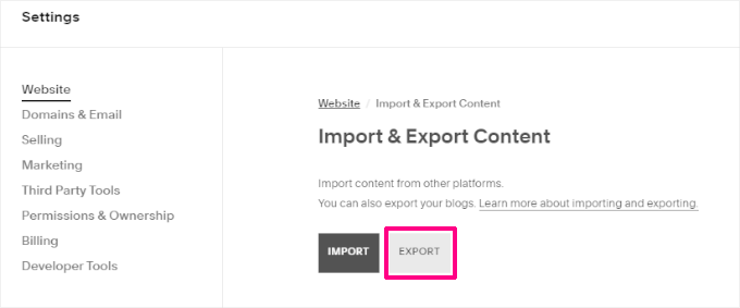 Exporting content from Squarespace