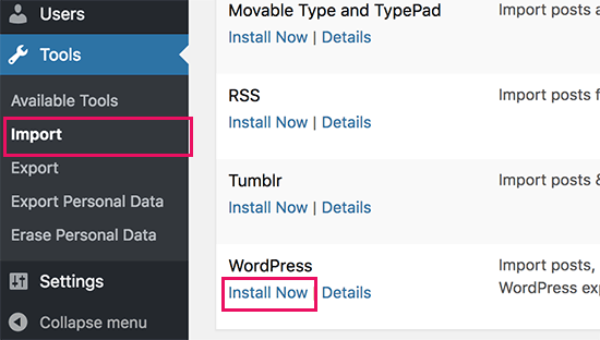 Install WordPress importer