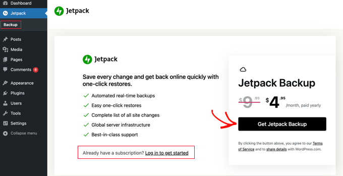 A Jetpack or Jetback Backup Subscription Is Required