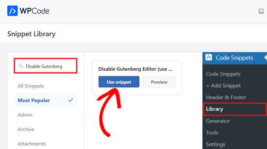 Search for the Disable Gutenberg snippet in WPCode library