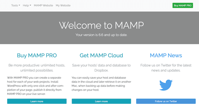 The MAMP welcome screen
